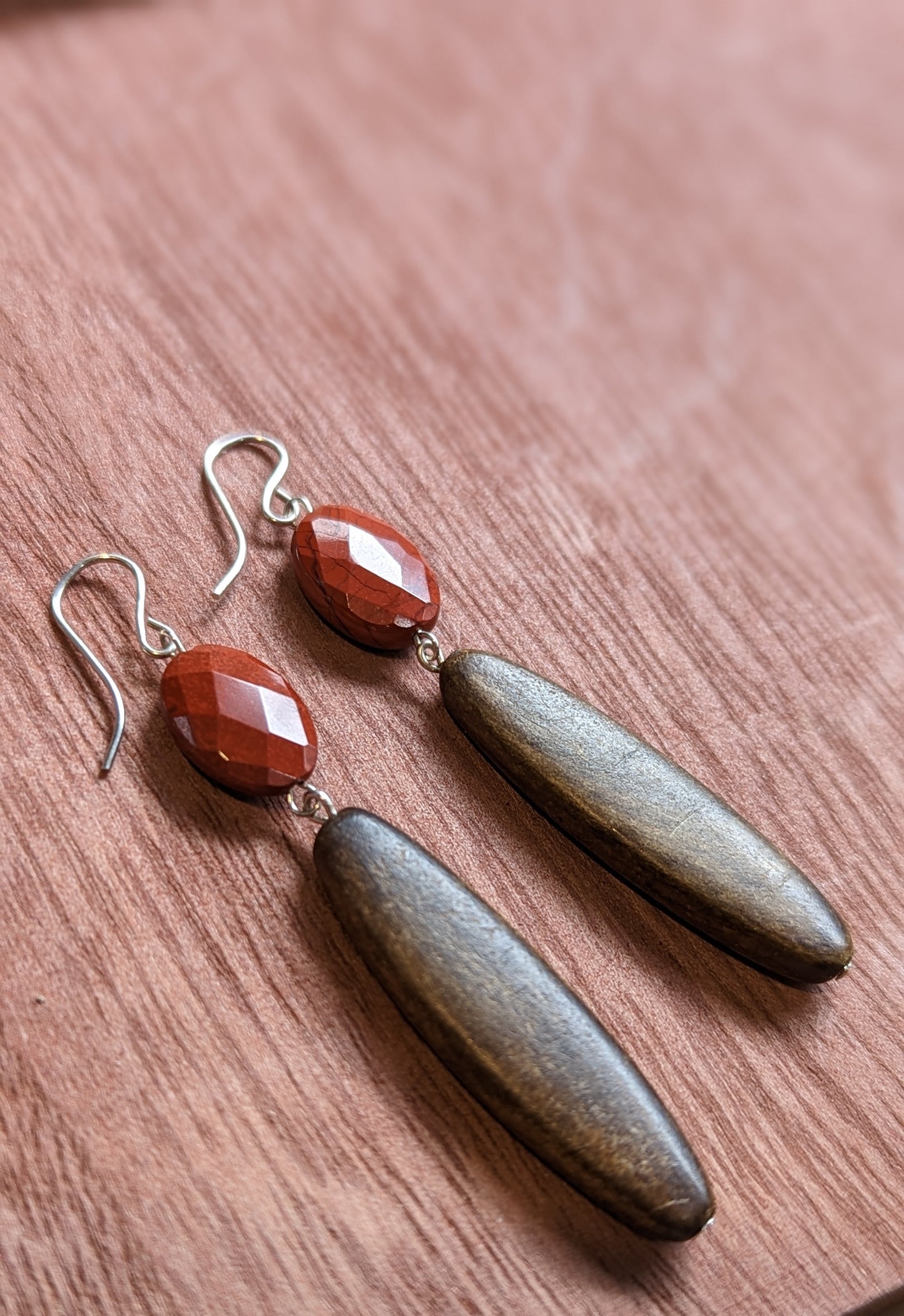 Faceted Red Jasper and Wood Earrings