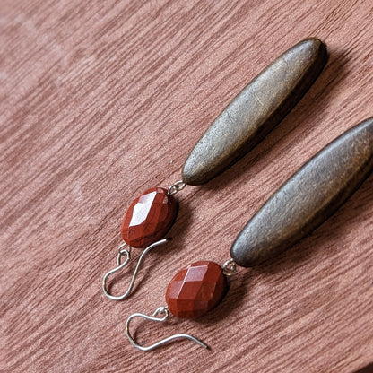 Faceted Red Jasper and Wood Earrings