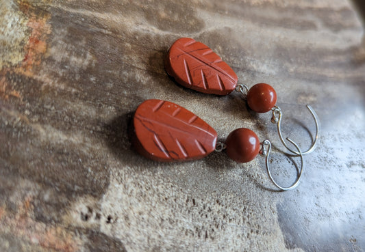 Carved Red Jasper Feather Drop Earrings